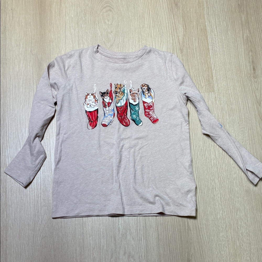 Crewcuts Beige Long Sleeve Shirt with Festive Cats & Dogs in Stockings Design
